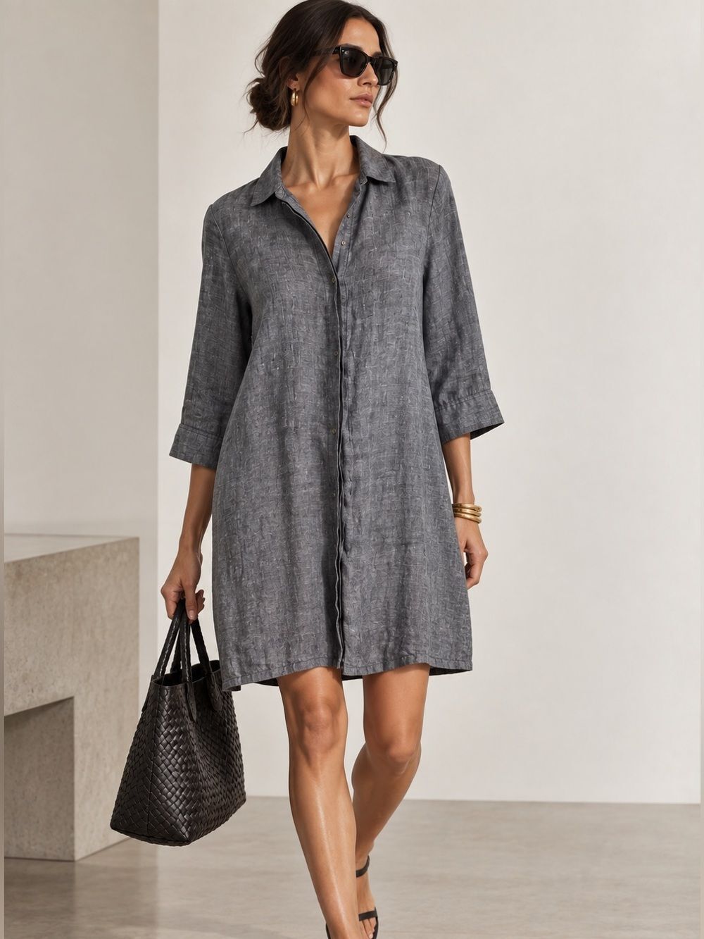 FOXCROFT 100% Linen Gray Heathered Button-Front Shirt Dress Size 4
